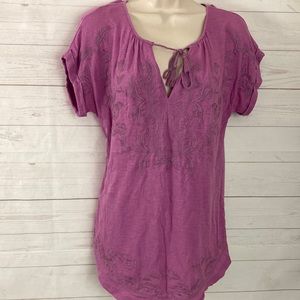 Lucky Brand Size Small Mauve-Pink Embroidered T-Shirt Tie at Neckline Whimsical